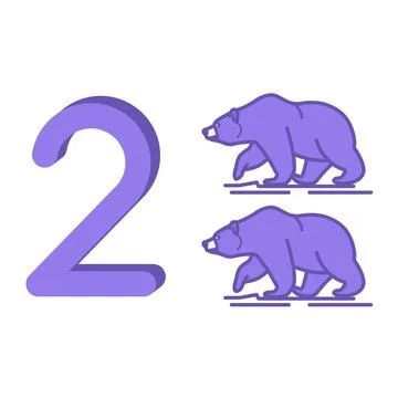 Purple Number Two and Bears. Vector Illustration. Number 2 for Preschoolers.. Stock Illustration