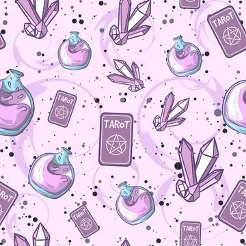 Purple occult seamless pattern with different magic objects. Stock Illustration