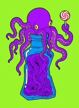 Purple Octopus in a Blue Bottle Holding a Lollipop Stock Illustration