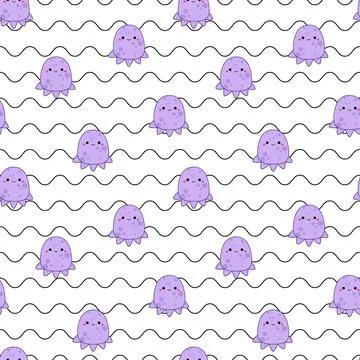 Purple octopuses on seamless pattern. Squishmallow. Background with octopus Stock Illustration