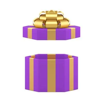 Purple open hexagonal gift box with golden luxury bow ribbon 3d icon realisti Illustrazione stock