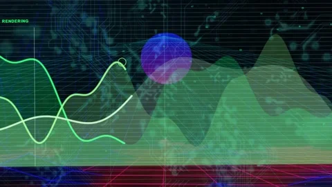 Purple orb hovering above area chart neon waves entering left cursor riding Stock Footage 334724905