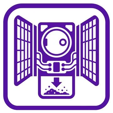 Purple orbital satellite sensor icon depicting solar panels and debris coll.. Stock Illustration