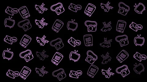 Purple outlines of tech icons dance across black 库存影片 334578513