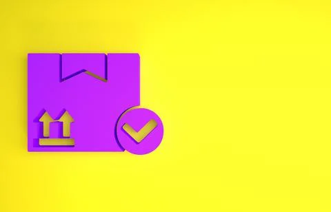 Purple Package box with check mark icon isolated on yellow background. Parcel Stock Illustration