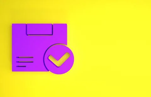 Purple Package box with check mark icon isolated on yellow background. Parcel Stock Illustration