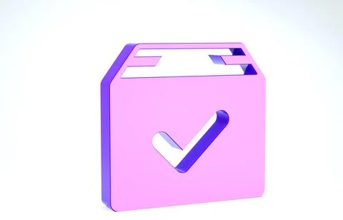 Purple Package box with check mark icon isolated on white background. Parcel  Stock Illustration