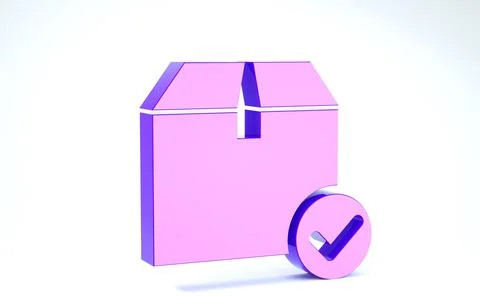 Purple Package box with check mark icon isolated on white background. Parcel  Stock Illustration