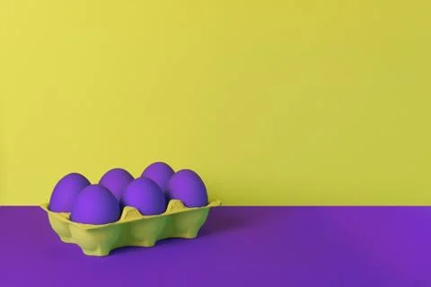 Purple painted Easter eggs in yellow wrapping on purple and yellow background Stock Photos