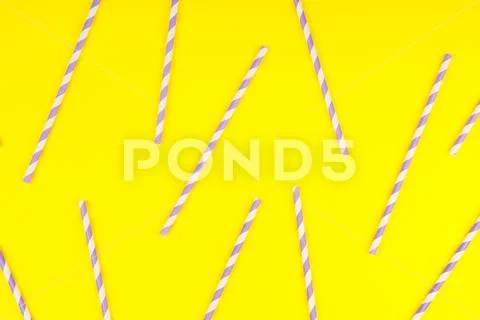 Purple paper straws on yellow color background. Stock Photos