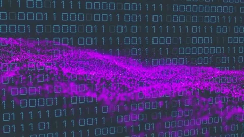 Purple particle wave emerging left, brightening, sweeping over binary grid, Stock Footage 320127775
