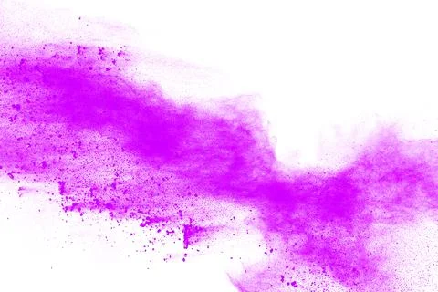 Purple particles explosion on white background. Freeze motion of purple dus.. Stock Photos