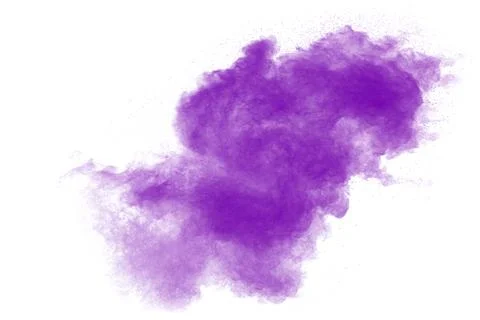 Purple particles explosion on white background.Freeze motion of purple dust. Stock Photos