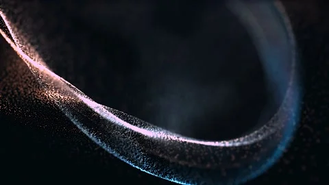 Purple particles moving background Wave lines fly energy fast with flashlights.  Stock Footage 239726075