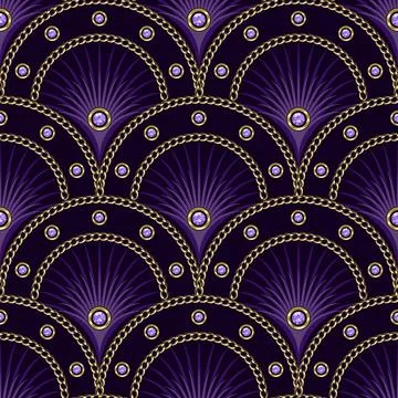 Purple pattern with fan shaped grid, gold chains Stock Illustration