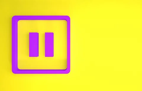Purple Pause button icon isolated on yellow background. Minimalism concept. 3 Stock Illustration