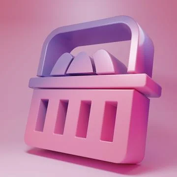 Purple-pink Basket with easter eggs icon isolated on pink background. Happy.. 스톡 일러스트