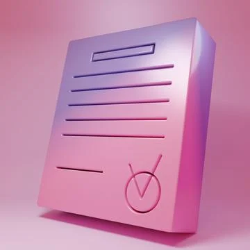 Purple-pink Confirmed document and check mark icon isolated on pink backgro.. Ilustración de archivo