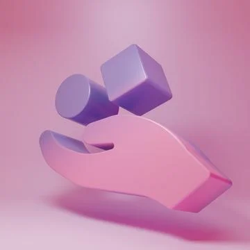 Purple-pink Cube levitating above hand icon isolated on pink background. Le.. Ilustração Stock