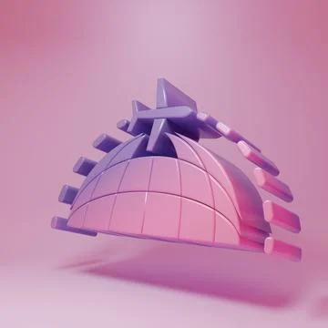 Purple-pink Globe with flying plane icon isolated on pink background. Airpl.. Illustrazione stock
