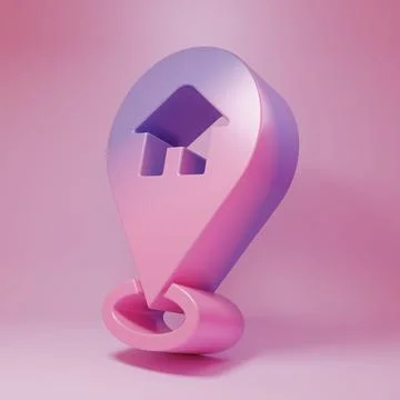 Purple-pink Map pointer with house icon isolated on pink background. Home l.. Illustrazione stock
