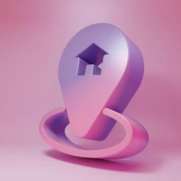 Purple-pink Map pointer with house icon isolated on pink background. Home l.. Stockillustratie