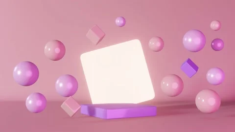 Purple pink neon cube podium glowing stage flying spheres 3d animation loop 4K Stock Footage 209451850