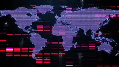 Purple pixel world map reacting to magenta scan bars, shifting into dotted mesh Stock Footage 322119777