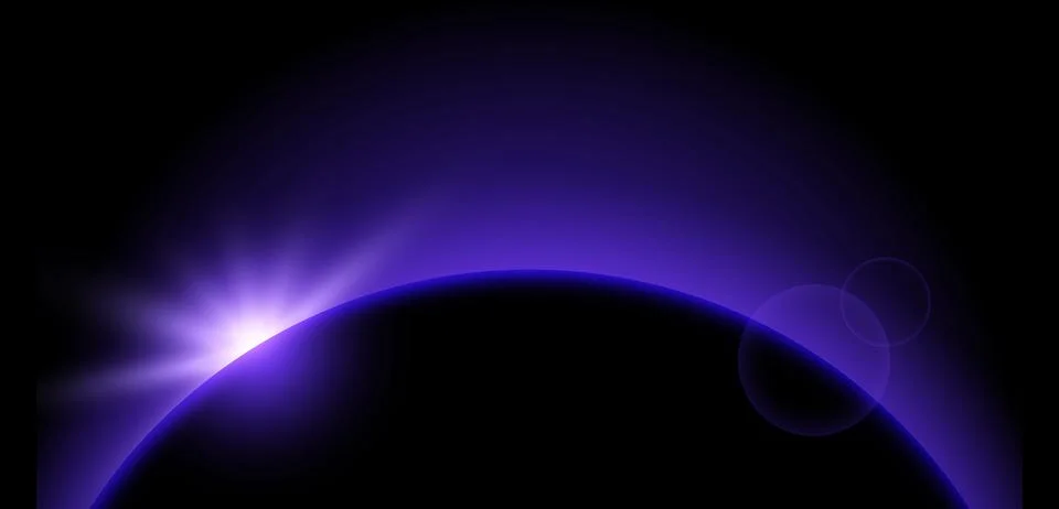 Purple planet eclipse concept. Solar light glare effect. Glowing sunrise horizon Stock Illustration
