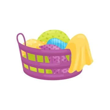Purple plastic basket full of clean or dirty linens and blankets. Laundry theme Stock Illustration