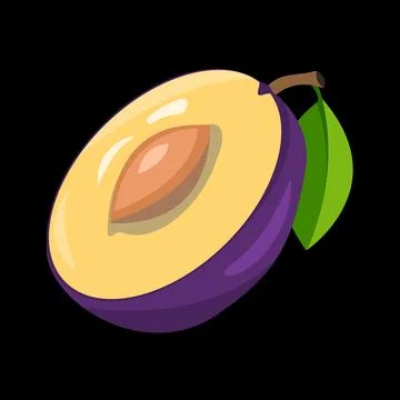 Purple plum half with pit and green leaf in flat vector style on black backgr Иллюстрация