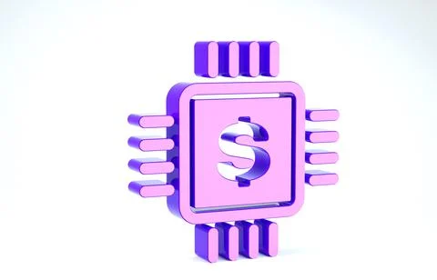 Purple Processor chip with dollar icon isolated on white background. CPU and  Illustrazione stock