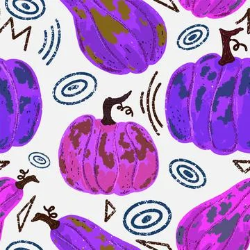 Purple pumpkins with fun elements. Texture, pencil, pastel, gouache. Vector o Stock Illustration