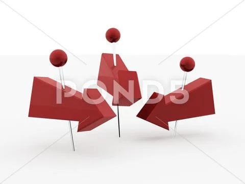 Purple push pins with arrows rendered isolated on white background ...