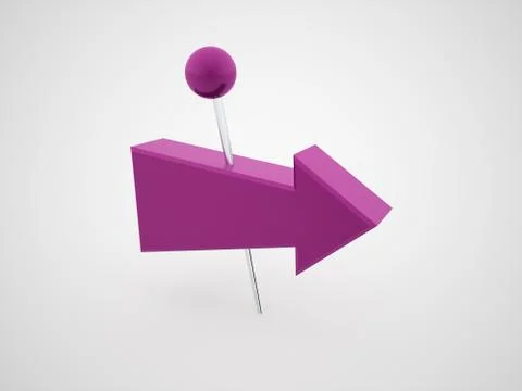 Purple push pins with arrows rendered isolated on white background Stock Illustration