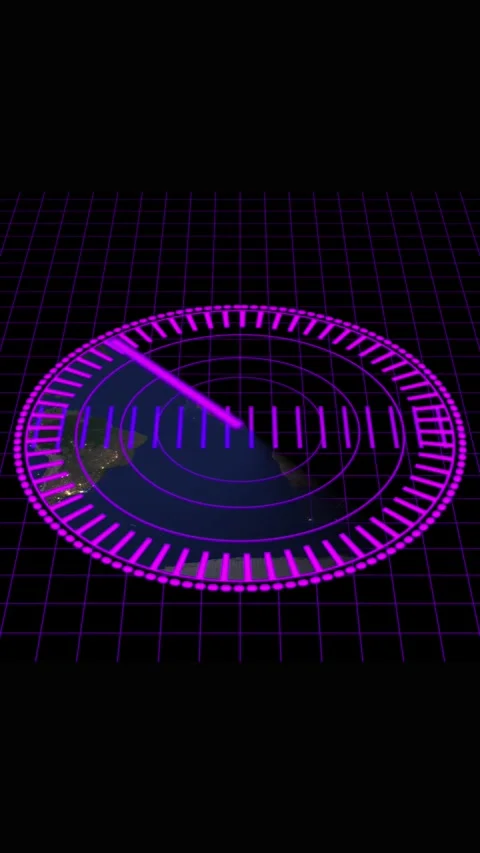 Purple Radar Display with Earth at Night and 3D Grid Background screen tech.. Stock Footage 337460468