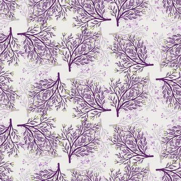 Purple random forest tree elements seamless pattern with shadows. Light blue  스톡 일러스트