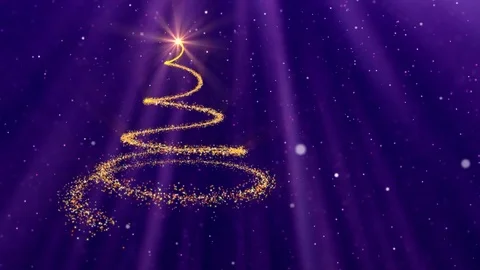 Purple rays Christmas tree animation, winter snowing background Stock Footage 83464379