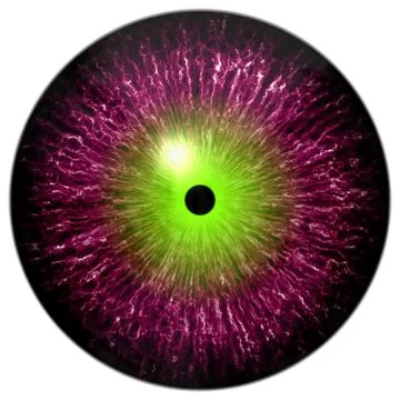 Purple red alien, cat or reptile eye with neon green circle around the pupil Stock Illustration