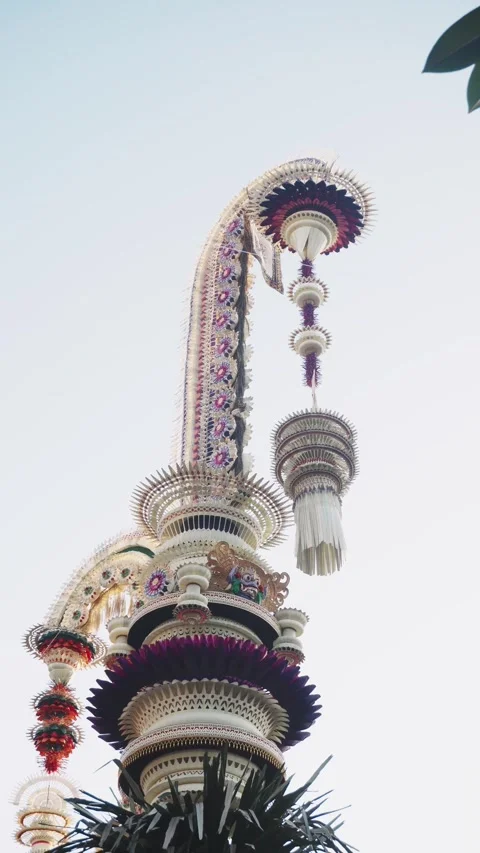 Purple Red Disc Penjor with Hanging Pendant, Balinese Ceremony Stock Footage 342384130