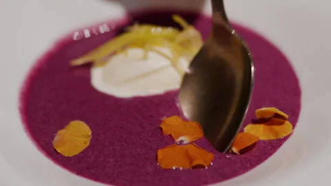 Purple Red Pureed Dish With White Cream And Dried Rose Petals In Fine Dining Stock Footage 342337480