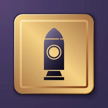 Purple Rocket ship icon isolated on purple background. Space travel. Gold square Stock Illustration