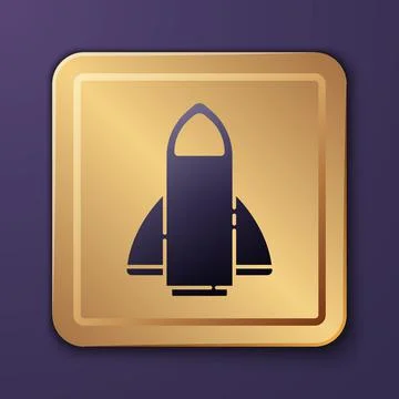 Purple Rocket ship icon isolated on purple background. Space travel. Gold square Illustrazione stock