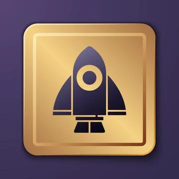 Purple Rocket ship icon isolated on purple background. Space travel. Gold square Illustrazione stock