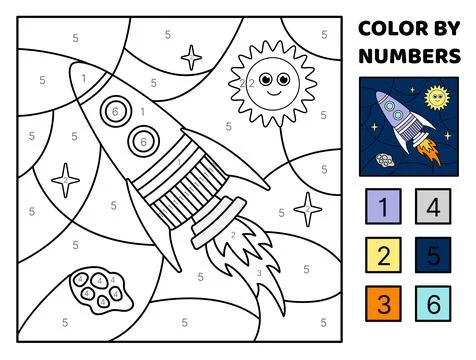Purple rocket, sun, meteor in space. Color by number. Space. Coloring page. Game Stock Illustration