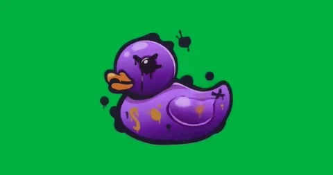 Purple rubber duck floating on transparent backdrop, graffiti drips and orange Stock Footage 317450255