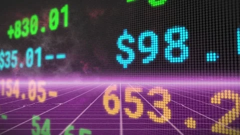 Purple scanline crossing, pixel ticker scrolling numbers, updating on grid, Stock Footage 332469094
