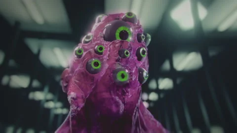 Purple sci-fi alien monster with many green glowing eyes. Some kind of beholder. Stock Footage 155336616