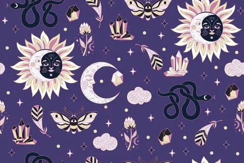 Purple seamless celestial esoteric pattern vector wallpaper Stock Illustration