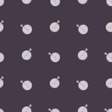 Purple seamless pattern with doodle stopwatch ornament. Timer clock print art Stock Illustration